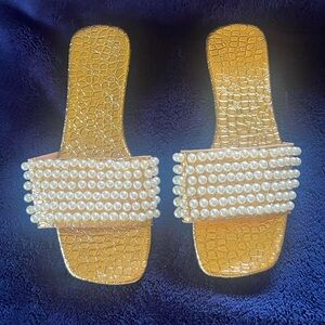 Metallic gold and pearl slide sandals
